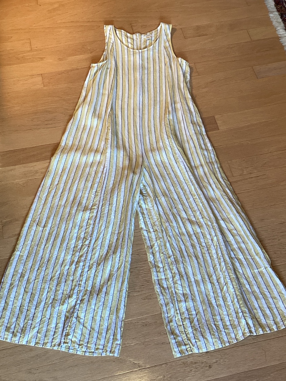 Artisan Ny Striped Sleeveless Wide-Leg Jumpsuit in Yellow and White with purple